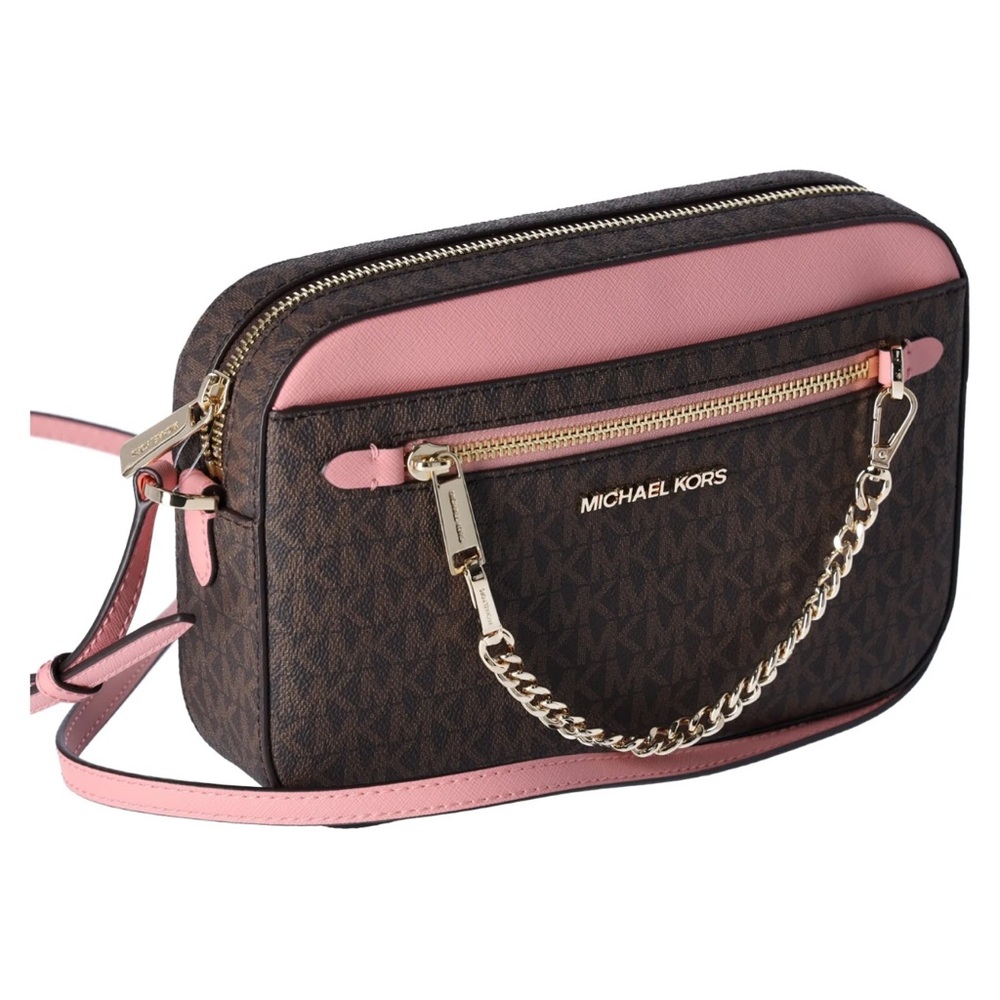 Michael Kors Jet Set Large East West Chain Crossbody Brown MK Primrose Pink - Picture 6 of 9